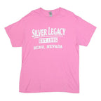 GILDAN Mens Pink White Silver Legacy Graphic T-Shirt L Short Sleeve Crew Neck