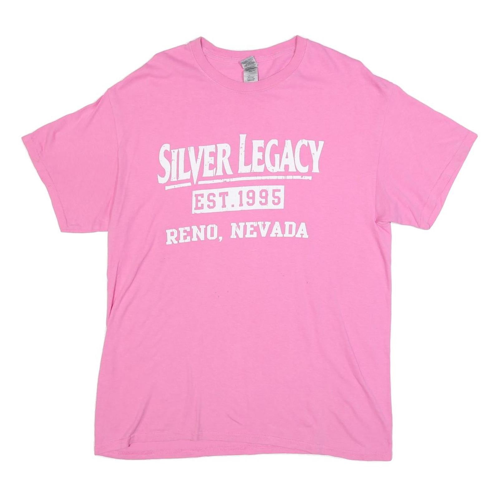 GILDAN Mens Pink White Silver Legacy Graphic T-Shirt L Short Sleeve Crew Neck