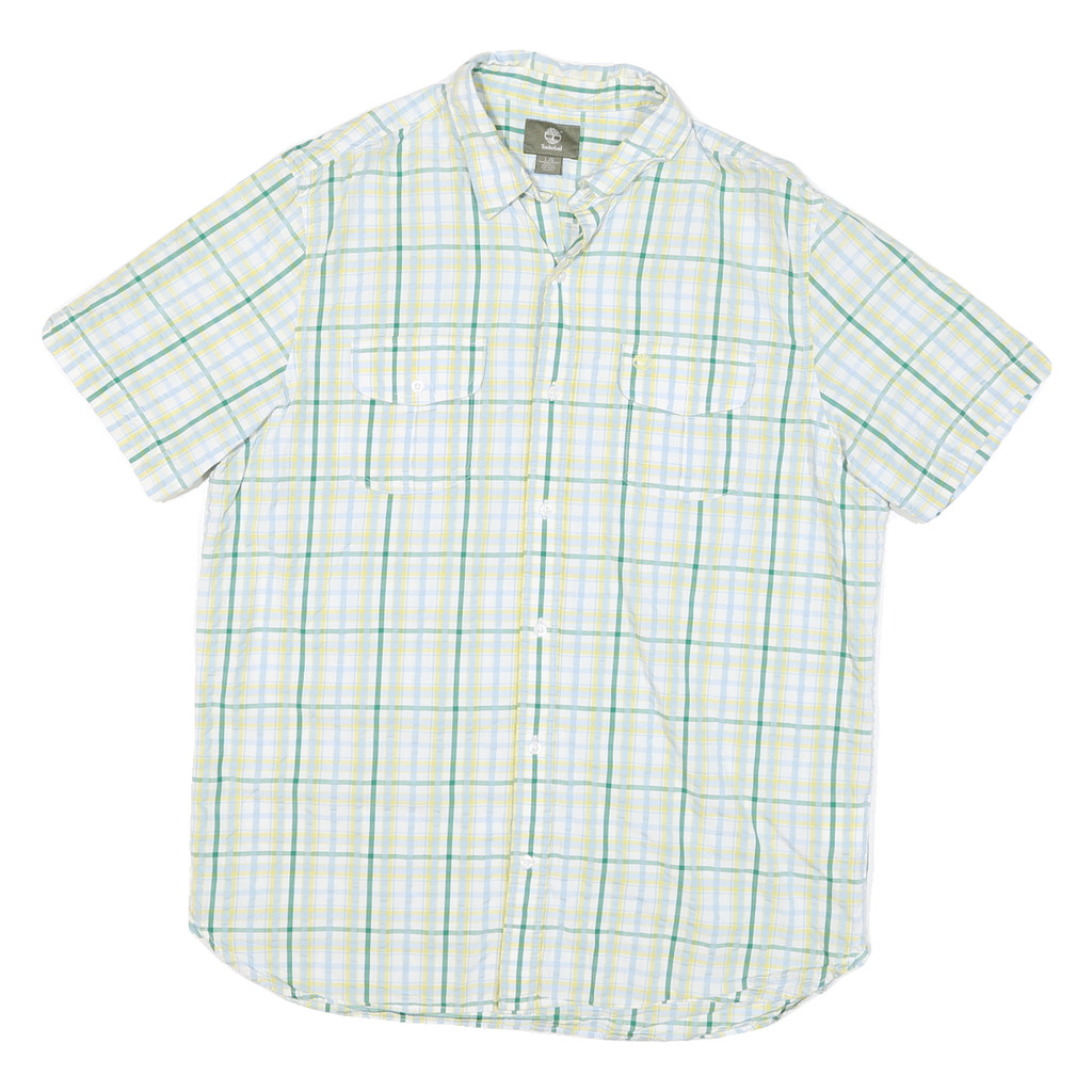 TIMBERLAND Mens White Green & Yellow Check Shirt Short Sleeve L Casual Summer