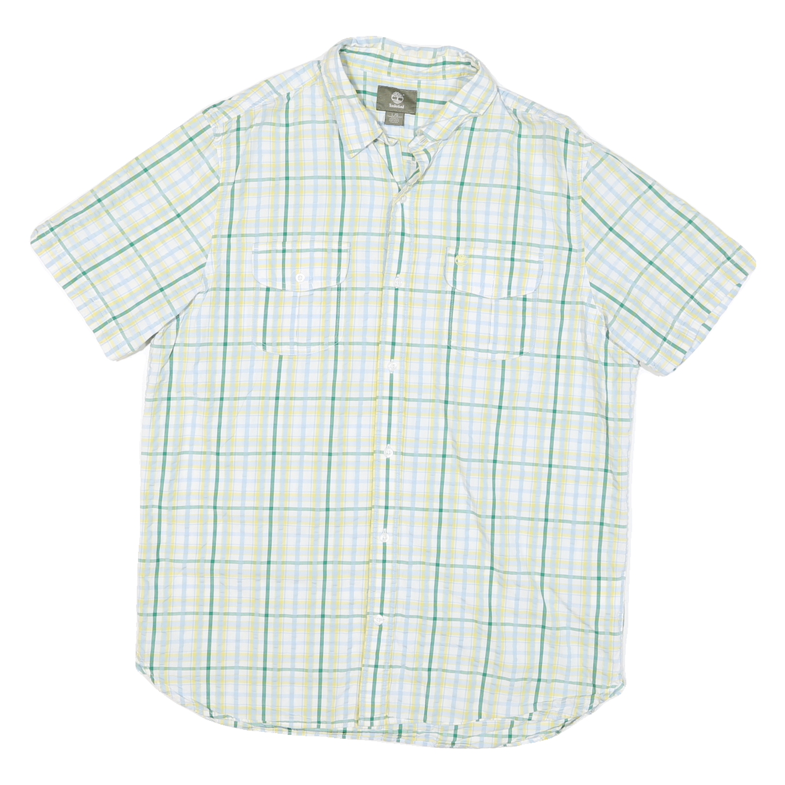 TIMBERLAND Mens White Green & Yellow Check Shirt Short Sleeve L Casual Summer