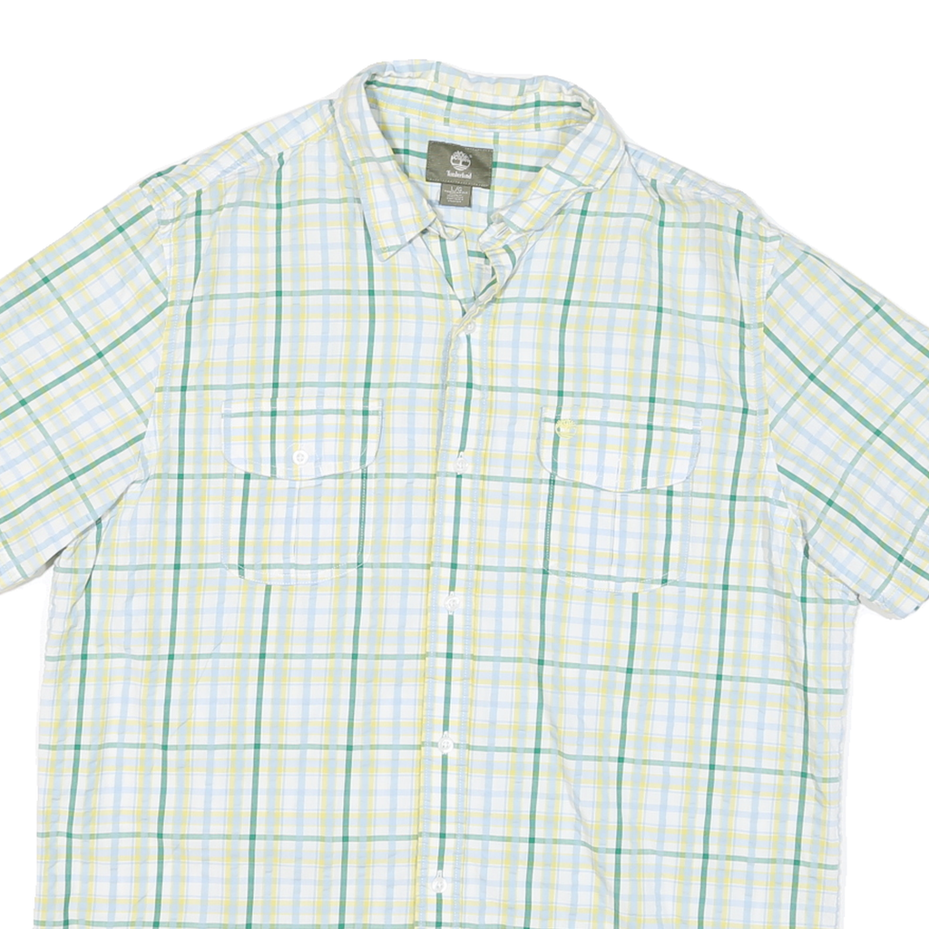 TIMBERLAND Mens White Green & Yellow Check Shirt Short Sleeve L Casual Summer