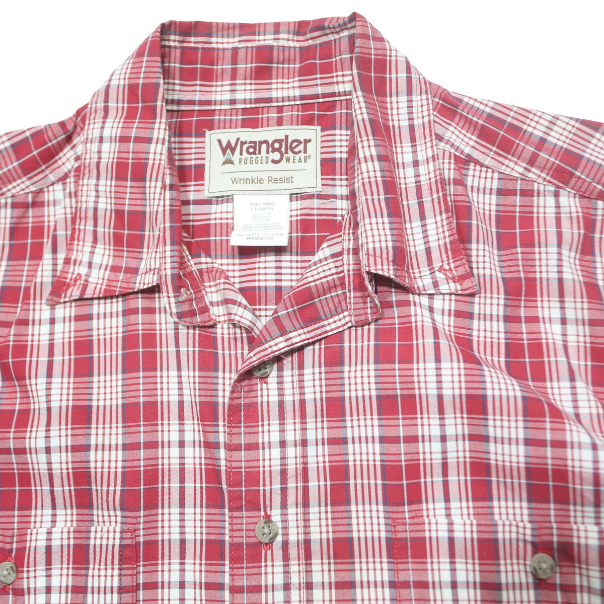 WRANGLER Mens Red & White Check Shirt L Cotton Button Short Sleeve Casual
