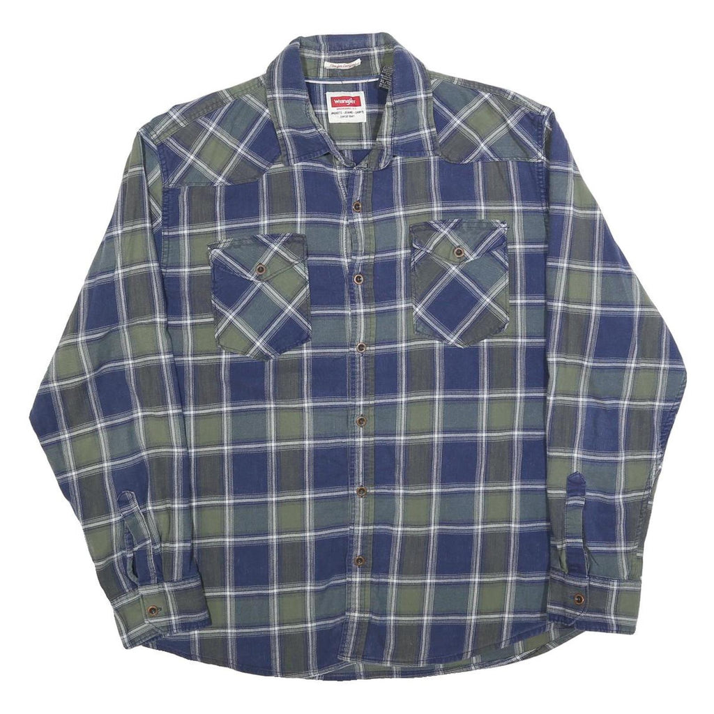 WRANGLER Mens Blue & Green Check Shirt XL Cotton Blend Classic Casual