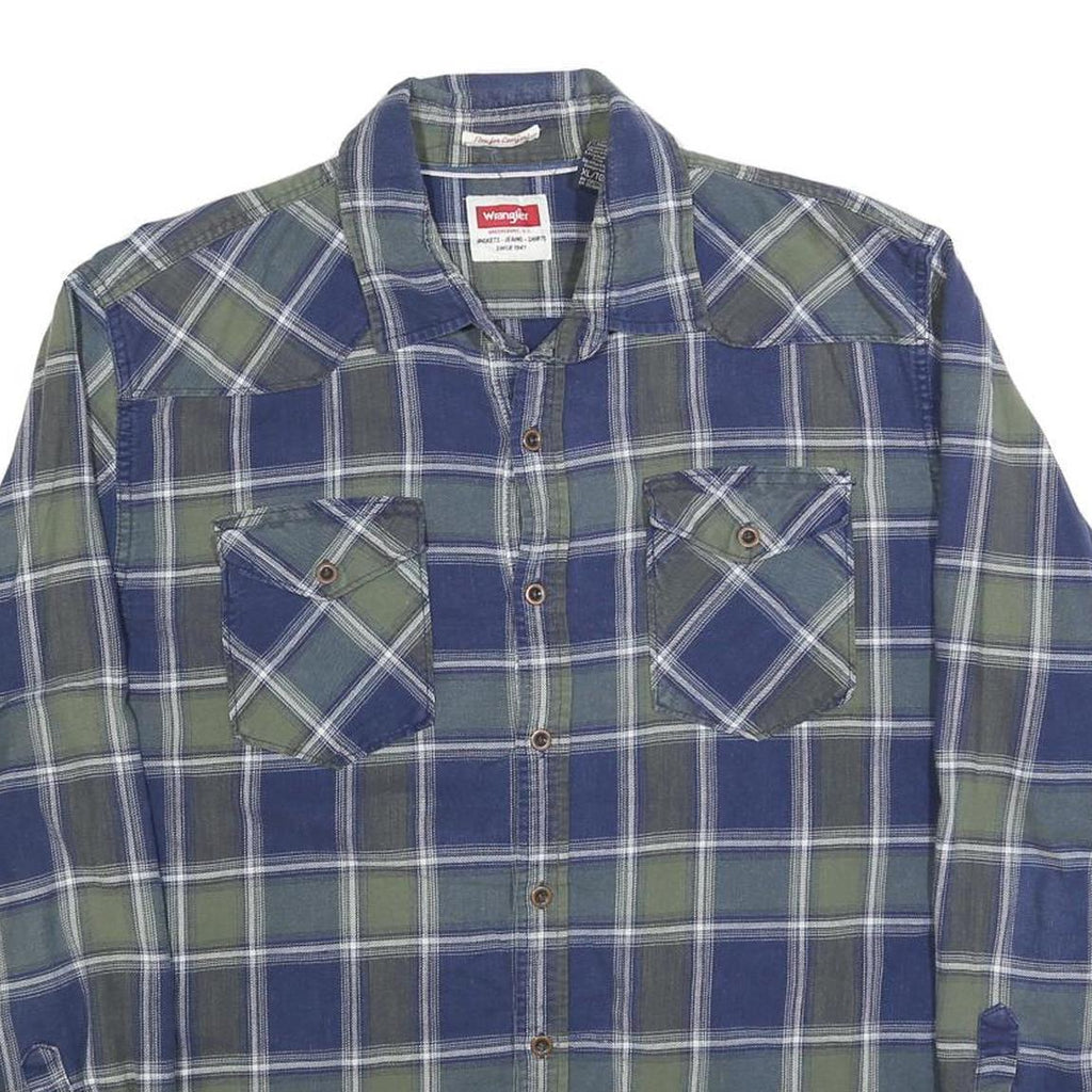 WRANGLER Mens Blue & Green Check Shirt XL Cotton Blend Classic Casual