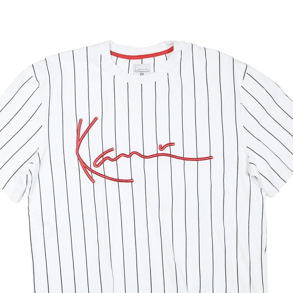 KARL KANI Mens White & Black Pinstripe Signature Graphic T-Shirt M Short Sleeve