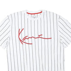 KARL KANI Mens White & Black Pinstripe Signature Graphic T-Shirt M Short Sleeve