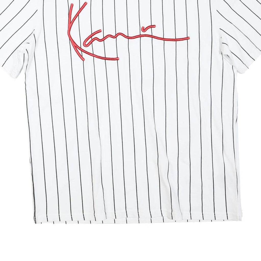 KARL KANI Mens White & Black Pinstripe Signature Graphic T-Shirt M Short Sleeve