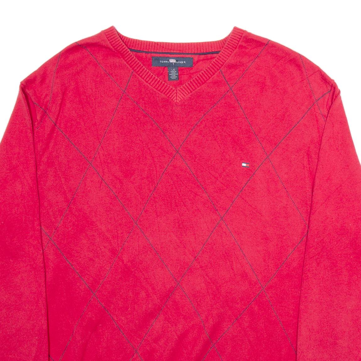 TOMMY HILFIGER Mens Patterned Jumper Red Argyle V-Neck Tight Knit L