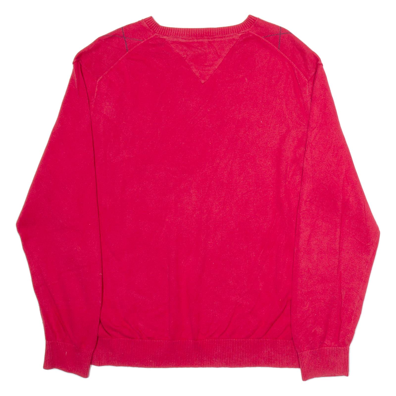 TOMMY HILFIGER Mens Patterned Jumper Red Argyle V-Neck Tight Knit L