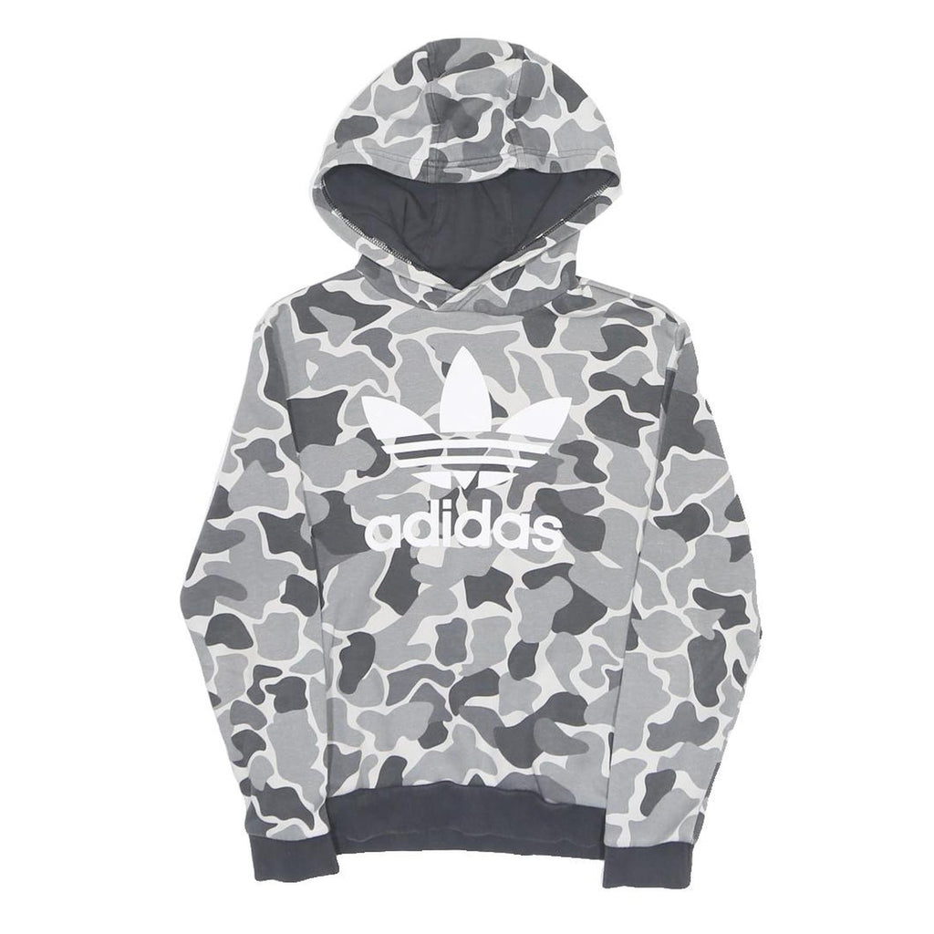 ADIDAS Boys Grey & Dark Grey Camouflage Hoodie 11-12Y Cotton Blend Pullover