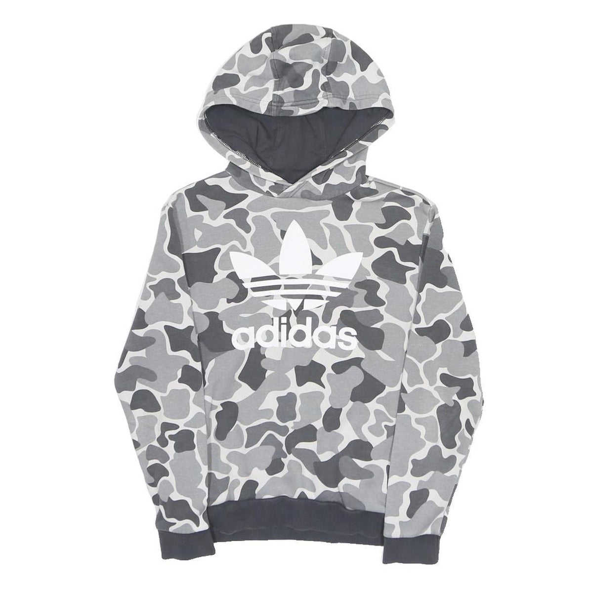 ADIDAS Boys Grey & Dark Grey Camouflage Hoodie 11-12Y Cotton Blend Pullover