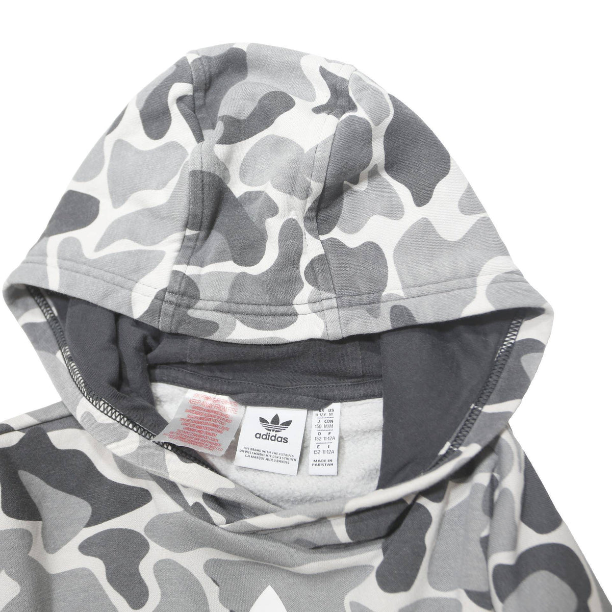 ADIDAS Boys Grey & Dark Grey Camouflage Hoodie 11-12Y Cotton Blend Pullover