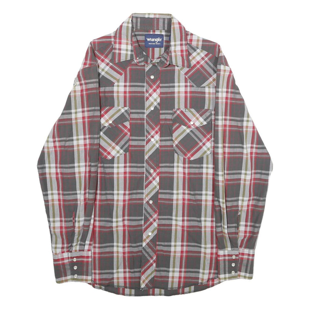 WRANGLER Mens Grey & Red Check Shirt M Western Casual Button-Up Cotton