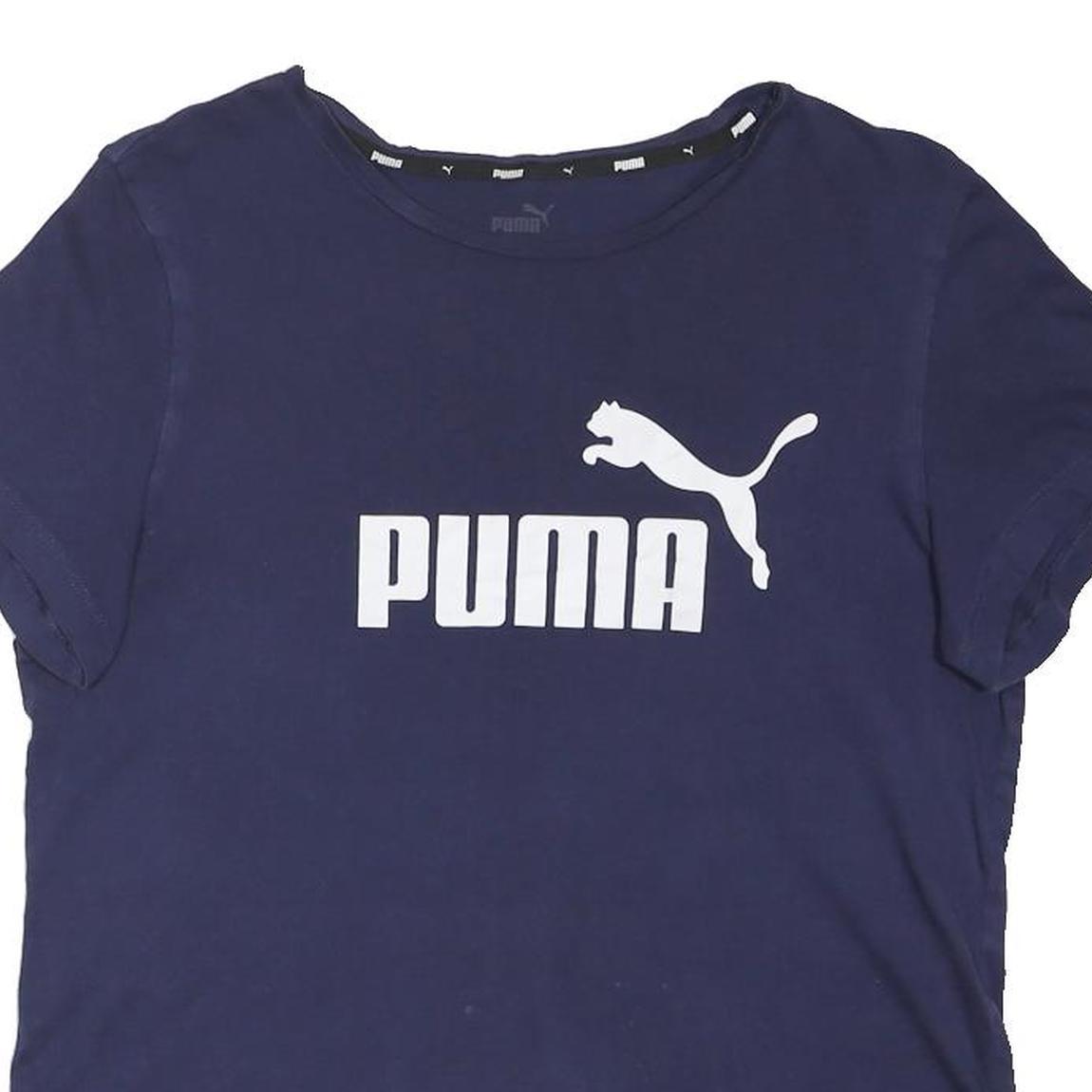 PUMA Girls Navy Blue Graphic T-Shirt L Short Sleeve Crew Neck Cotton Blend