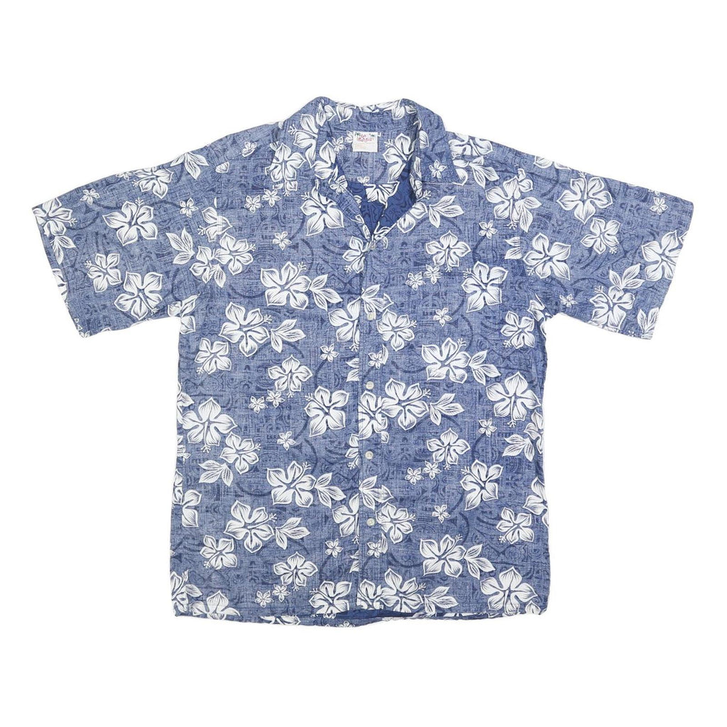 GO BAREFOOT Mens Blue & White Hawaiian Shirt L Cotton Short Sleeve Casual