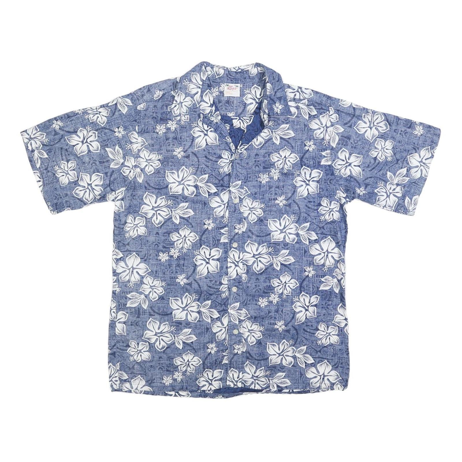 GO BAREFOOT Mens Blue & White Hawaiian Shirt L Cotton Short Sleeve Casual