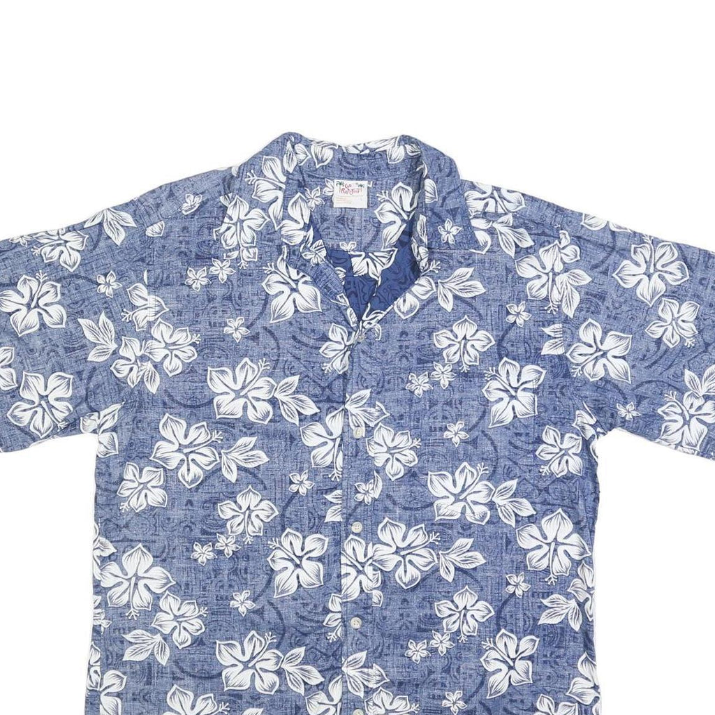 GO BAREFOOT Mens Blue & White Hawaiian Shirt L Cotton Short Sleeve Casual