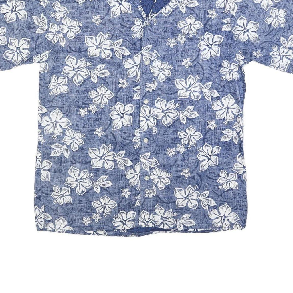 GO BAREFOOT Mens Blue & White Hawaiian Shirt L Cotton Short Sleeve Casual