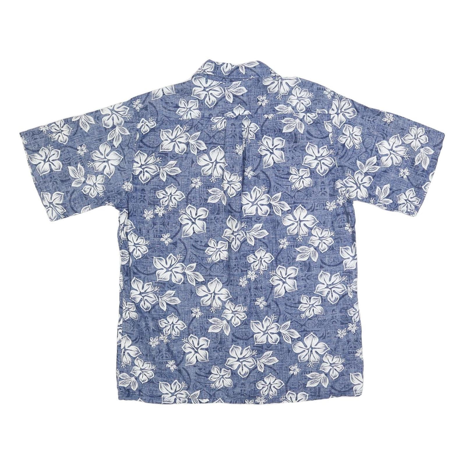 GO BAREFOOT Mens Blue & White Hawaiian Shirt L Cotton Short Sleeve Casual