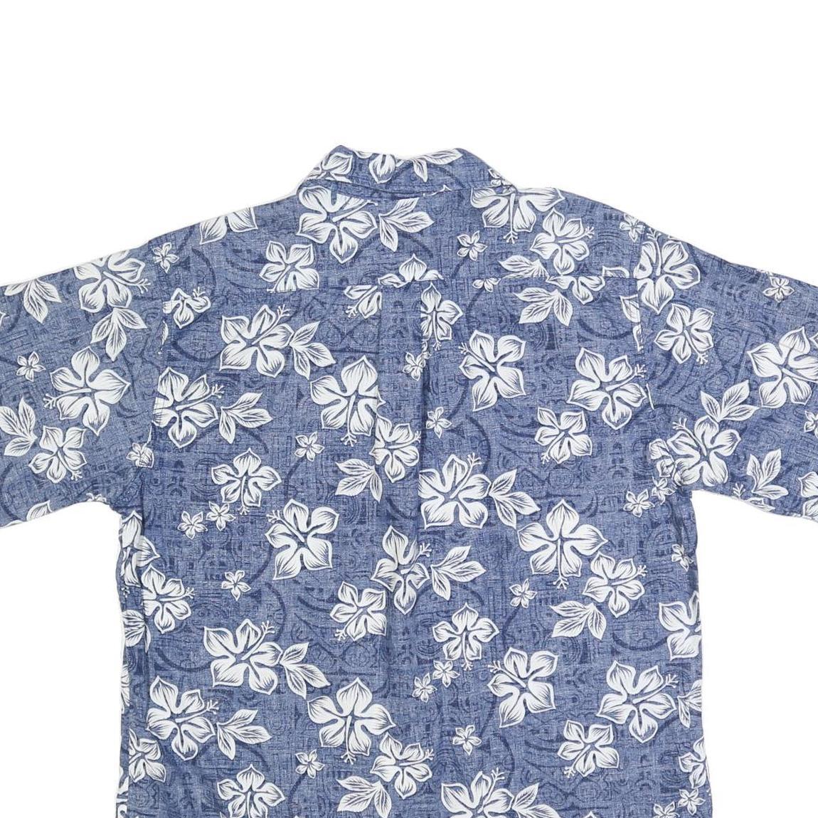 GO BAREFOOT Mens Blue & White Hawaiian Shirt L Cotton Short Sleeve Casual