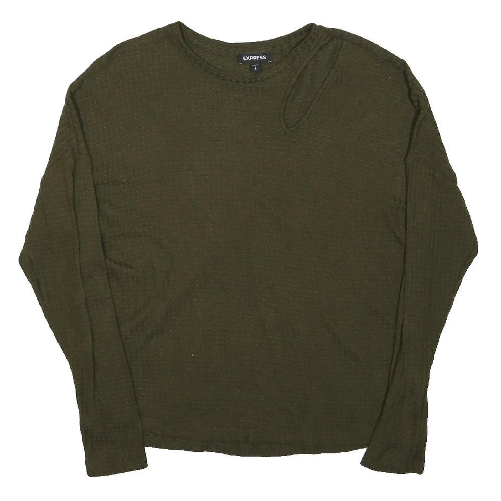 EXPRESS Womens Green Plain Cotton Blend Pullover Basic Knit L Casual Jumper