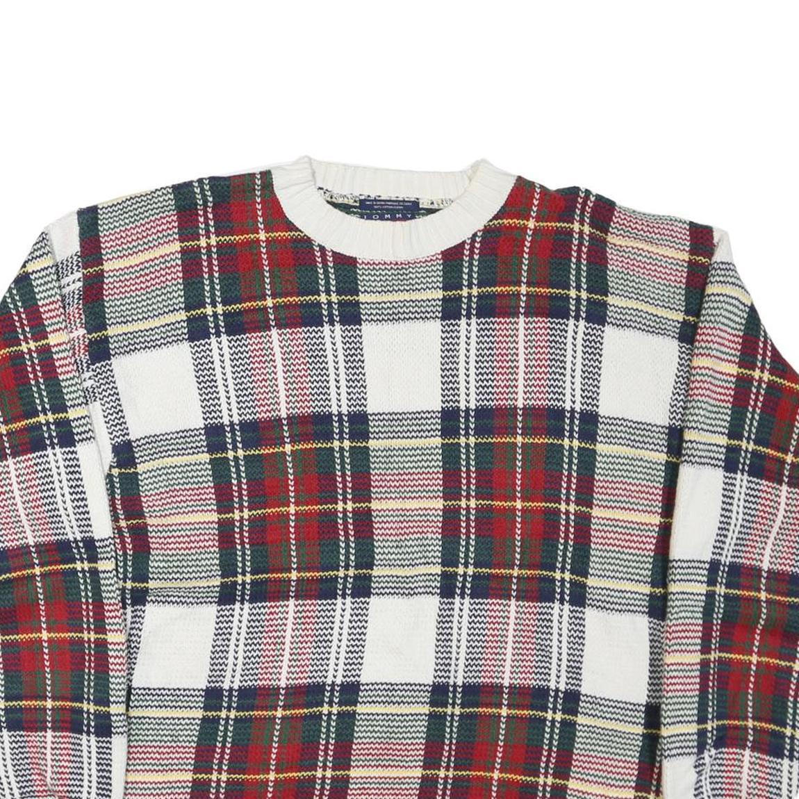TOMMY HILFIGER Mens White & Red Patterned Jumper Crew Neck M Cotton Blend