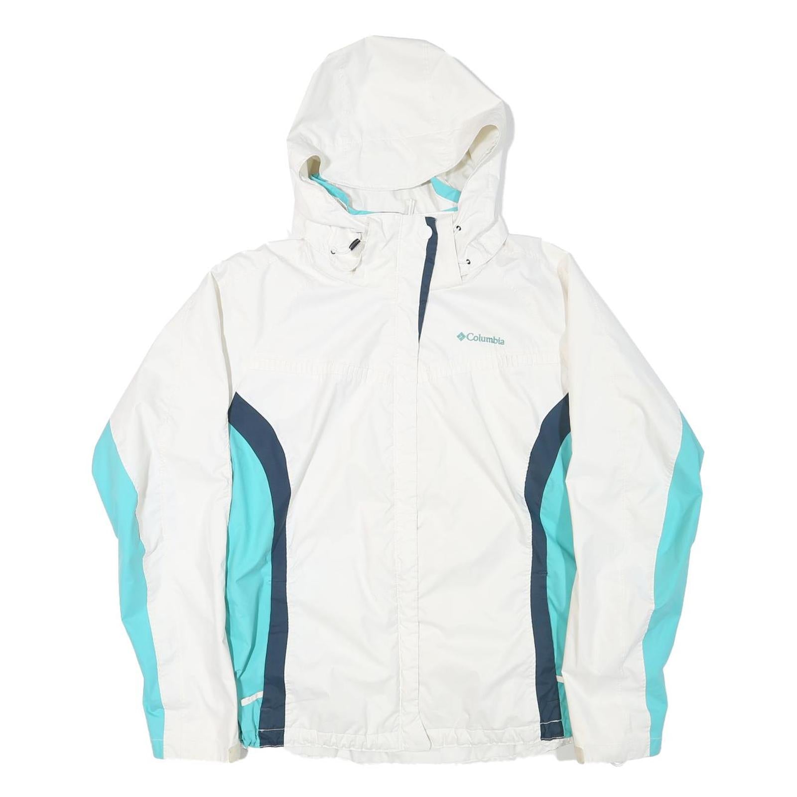 COLUMBIA Womens White & Blue Outdoor Jacket M Polyester Blend Zip Hooded Casual
