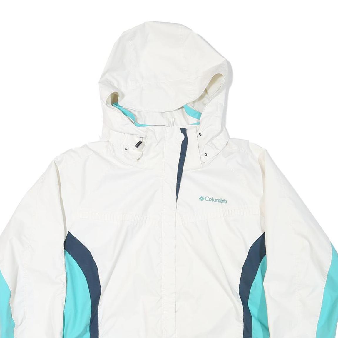 COLUMBIA Womens White & Blue Outdoor Jacket M Polyester Blend Zip Hooded Casual