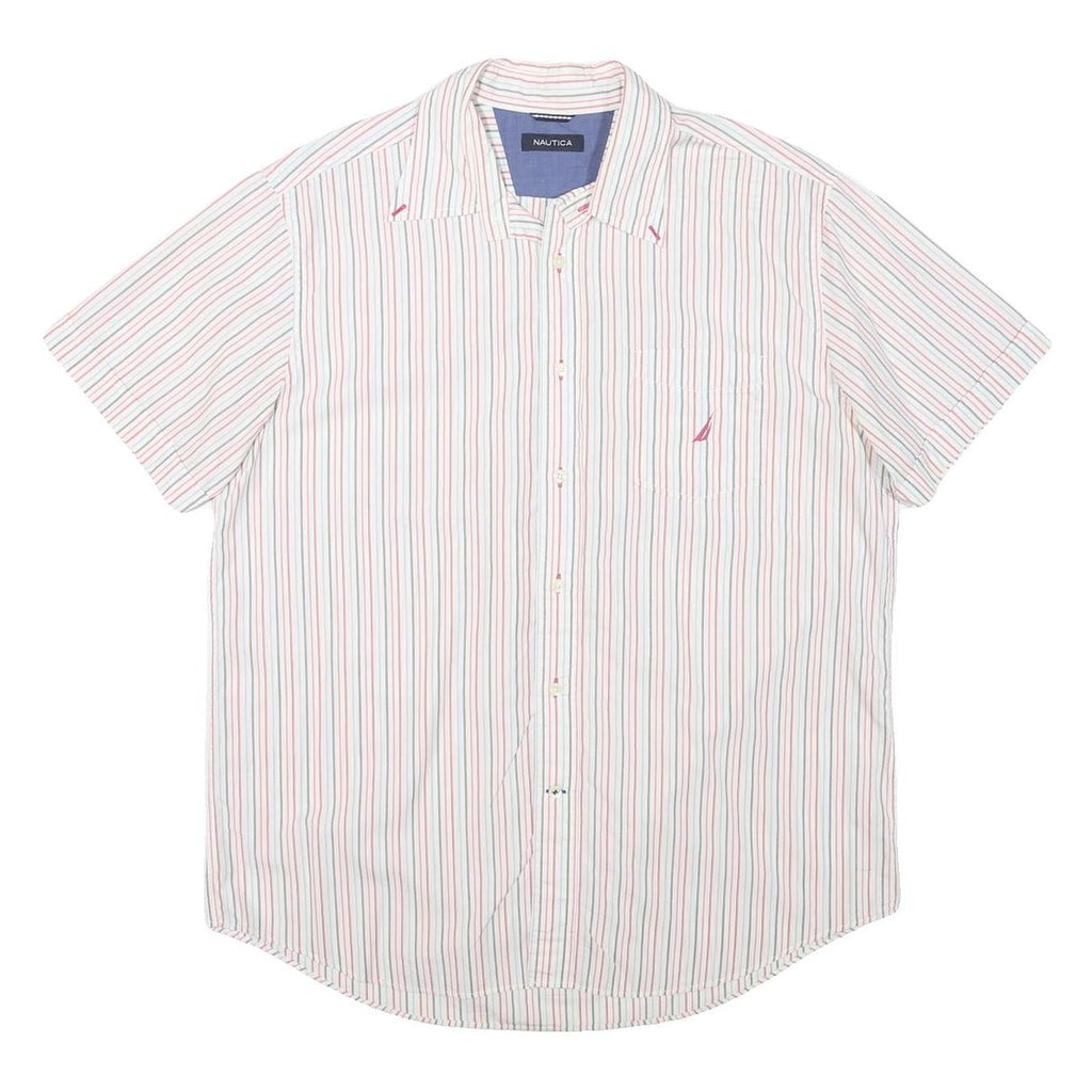 NAUTICA Mens White & Red & Blue Striped Short Sleeve Shirt L Casual Cotton Blend