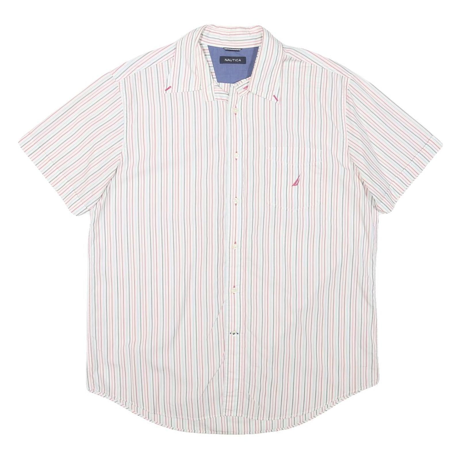NAUTICA Mens White & Red & Blue Striped Short Sleeve Shirt L Casual Cotton Blend