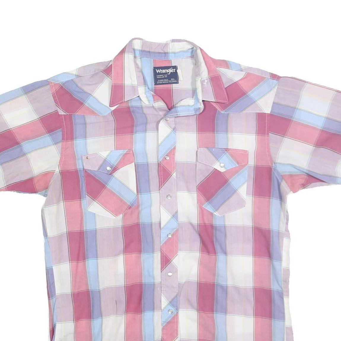 WRANGLER Mens Pink & Blue Check Shirt L Short Sleeve Western Style Snap Buttons