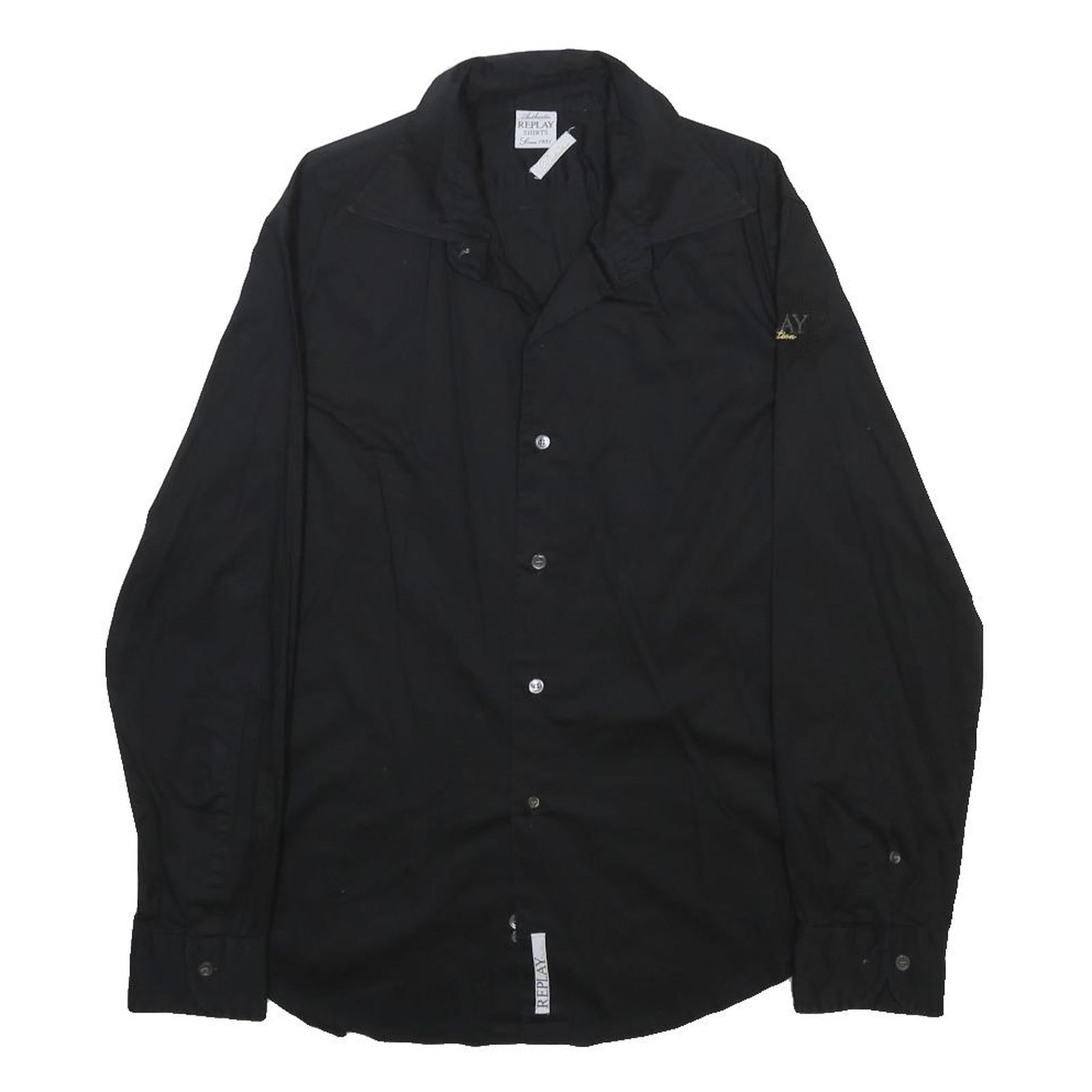 REPLAY Mens Black Plain Shirt M Cotton Blend Long Sleeve Button Closure