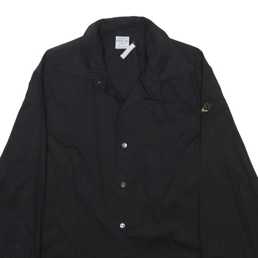 REPLAY Mens Black Plain Shirt M Cotton Blend Long Sleeve Button Closure