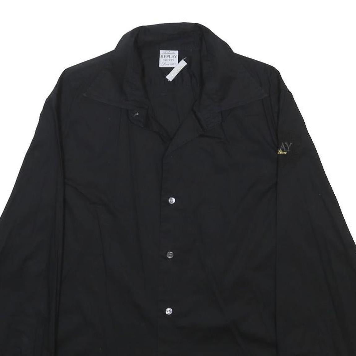 REPLAY Mens Black Plain Shirt M Cotton Blend Long Sleeve Button Closure