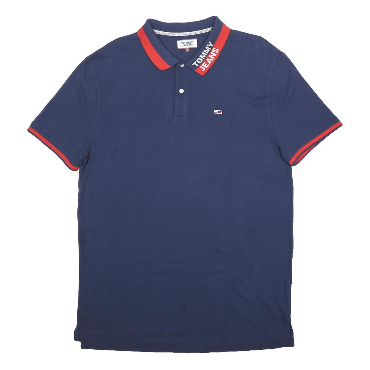 TOMMY JEANS Mens Blue & Red Polo Shirt XL Cotton Blend Short Sleeve Collar Logo