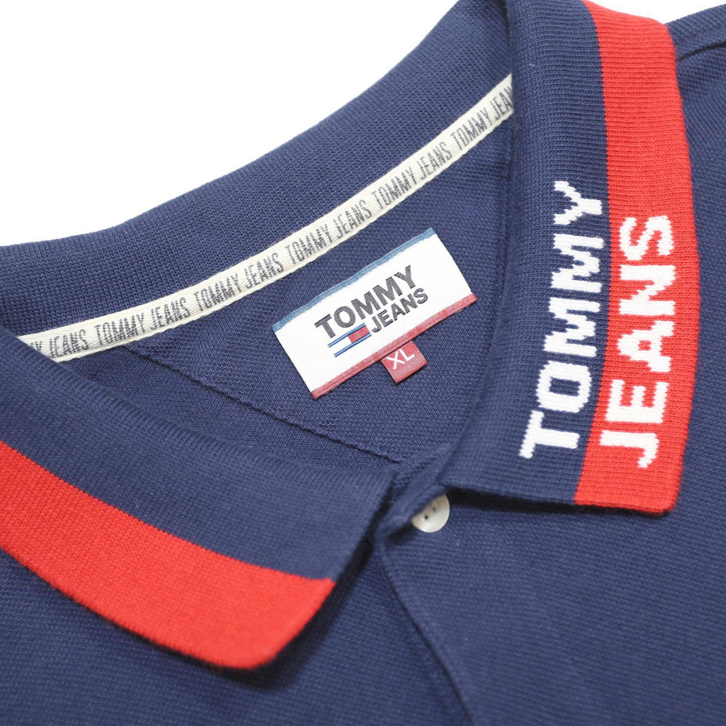 TOMMY JEANS Mens Blue & Red Polo Shirt XL Cotton Blend Short Sleeve Collar Logo
