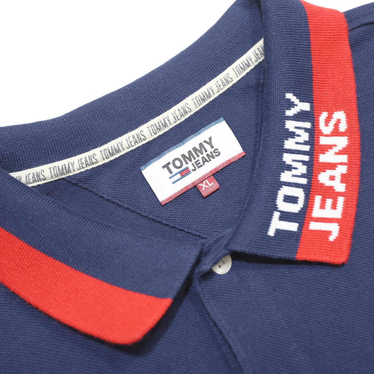 TOMMY JEANS Mens Blue & Red Polo Shirt XL Cotton Blend Short Sleeve Collar Logo