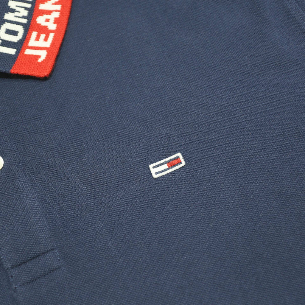 TOMMY JEANS Mens Blue & Red Polo Shirt XL Cotton Blend Short Sleeve Collar Logo