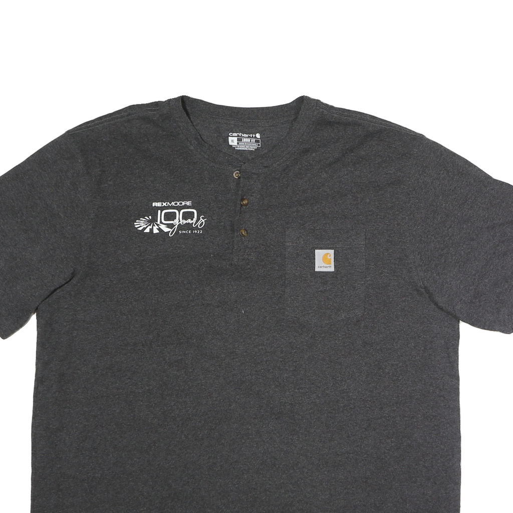 CARHARTT Mens Grey Henley T-Shirt XL Crew Neck Cotton Logo Pocket Casual
