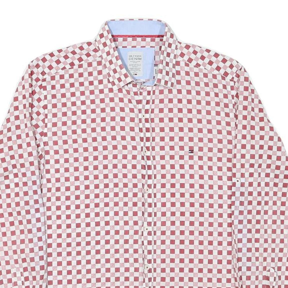 TOMMY HILFIGER Mens Red & White Check Shirt M Cotton Blend Button Long Sleeve