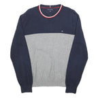 TOMMY HILFIGER Mens Navy & Grey Colourblock Plain Crew Neck Basic Knit Jumper L