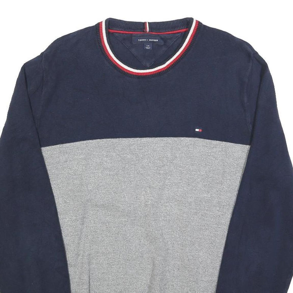 TOMMY HILFIGER Mens Navy & Grey Colourblock Plain Crew Neck Basic Knit Jumper L