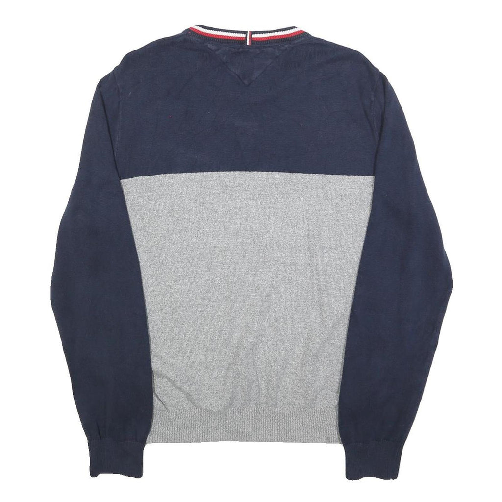 TOMMY HILFIGER Mens Navy & Grey Colourblock Plain Crew Neck Basic Knit Jumper L