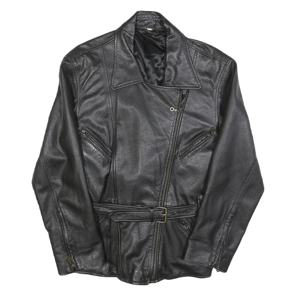 Womens Black Faux Leather Jacket M Polycotton Zip Classic Fit Collar Stylish