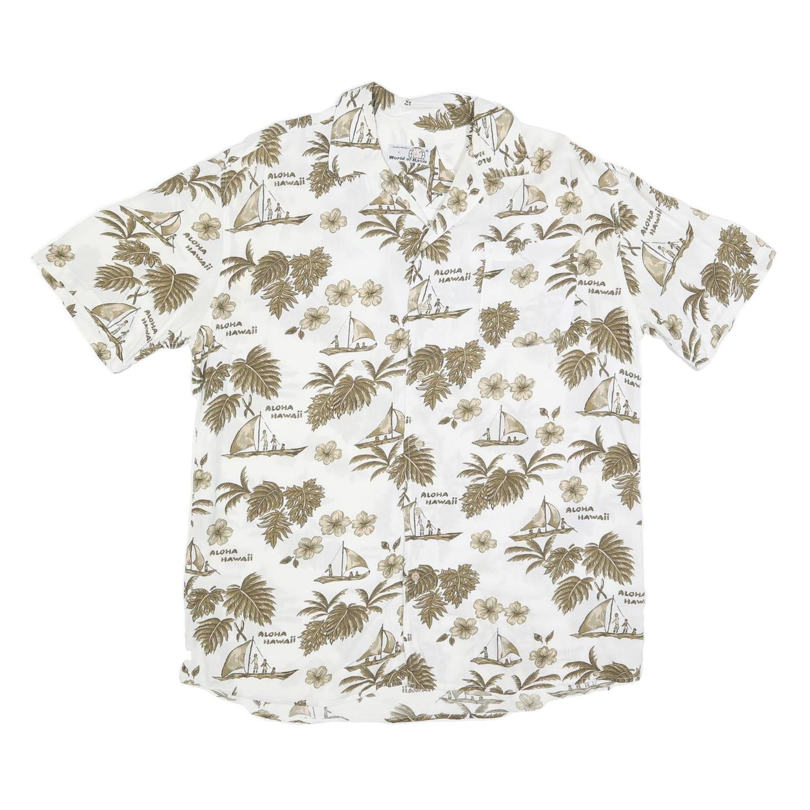 WORLD OF BASIC Mens White & Brown Hawaiian Cotton Blend Shirt L Casual Summer