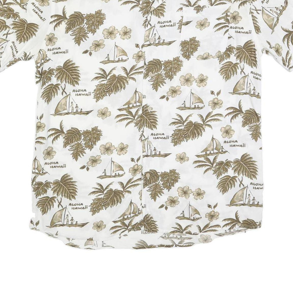 WORLD OF BASIC Mens White & Brown Hawaiian Cotton Blend Shirt L Casual Summer