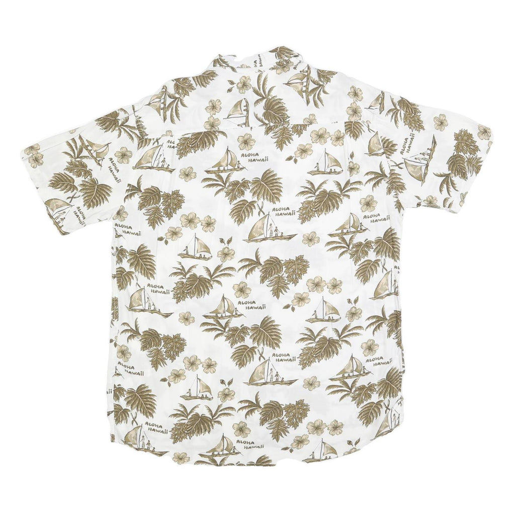 WORLD OF BASIC Mens White & Brown Hawaiian Cotton Blend Shirt L Casual Summer
