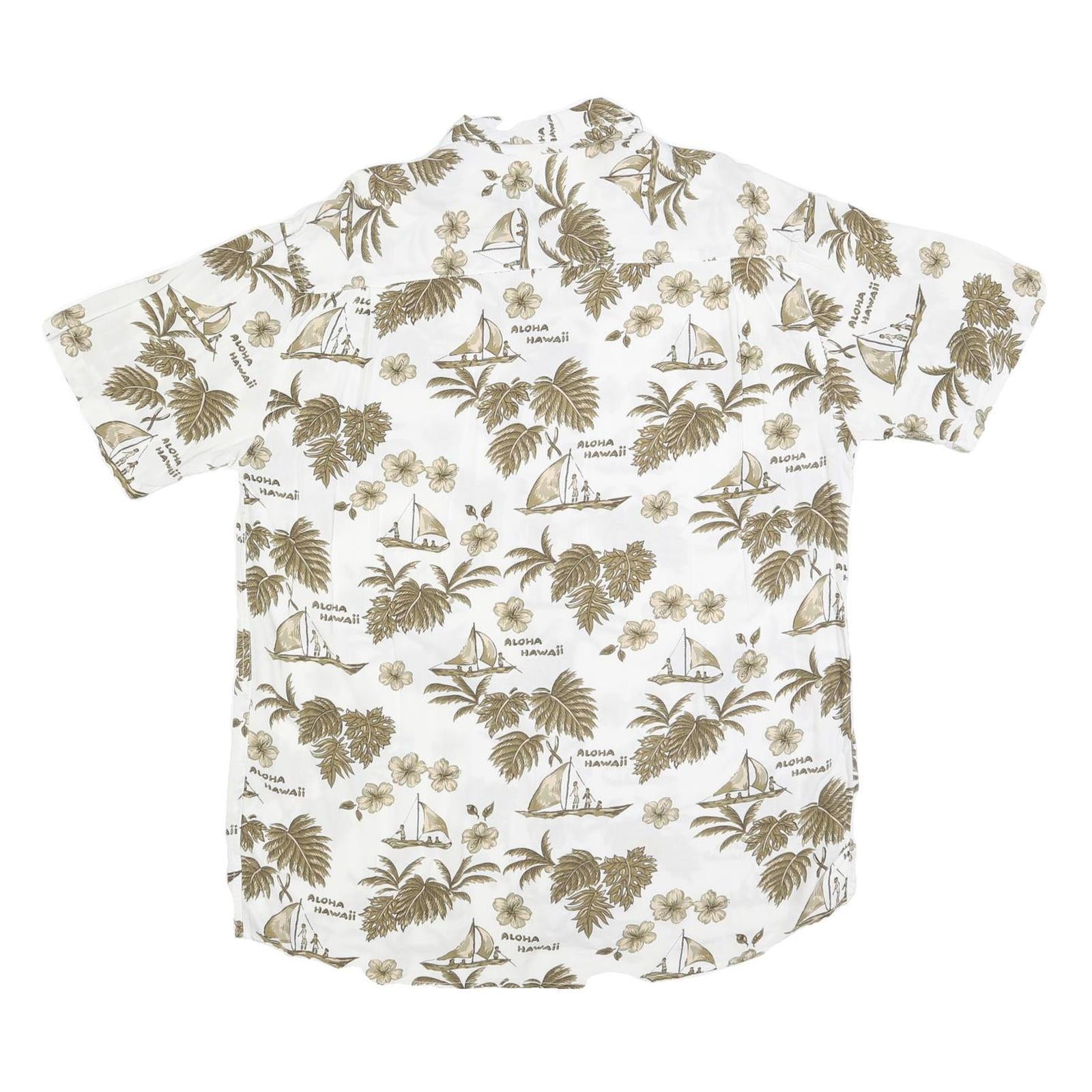 WORLD OF BASIC Mens White & Brown Hawaiian Cotton Blend Shirt L Casual Summer