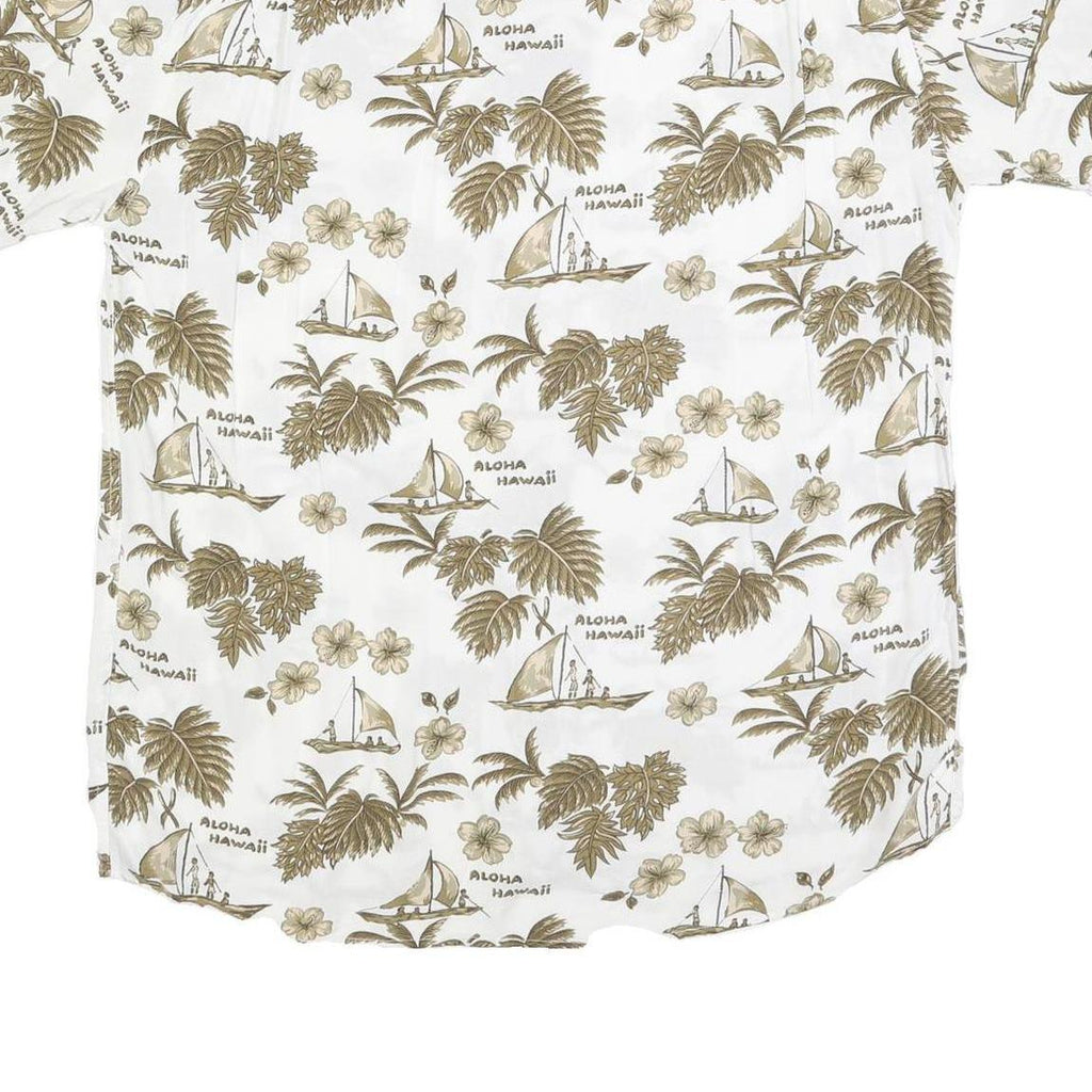 WORLD OF BASIC Mens White & Brown Hawaiian Cotton Blend Shirt L Casual Summer