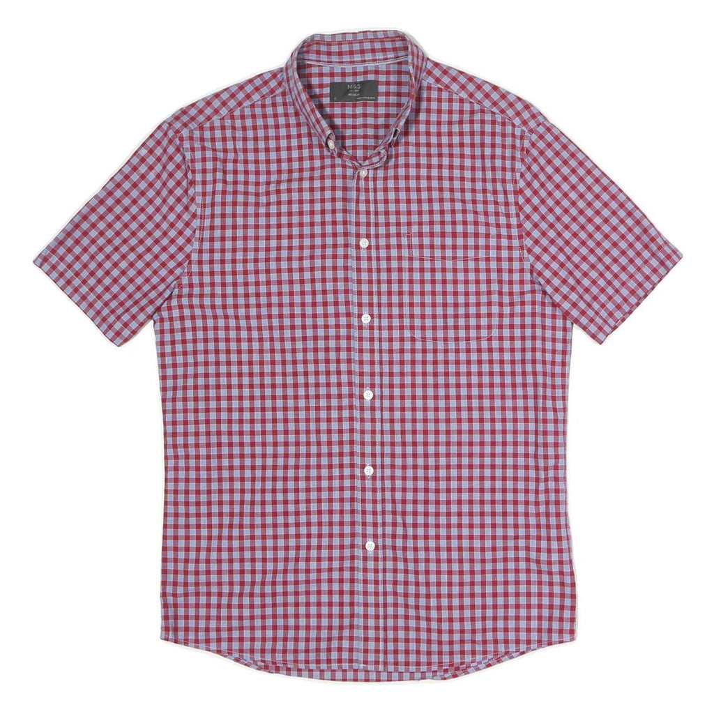 MARKS&SPENCERS Mens Red & Blue Check Shirt S Button Down Collar Short Sleeve